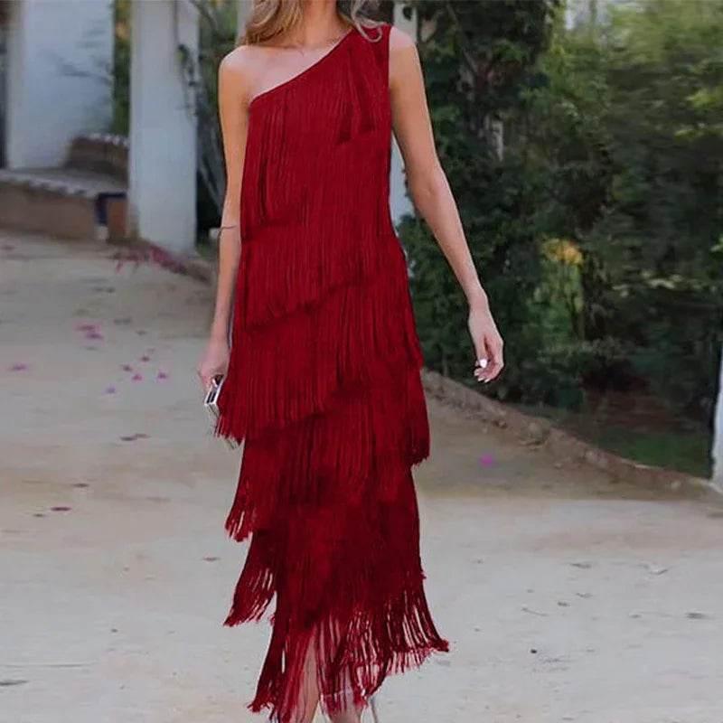 Women's Diagonal Collar Tassel A-Line Dress - ZA-Zola