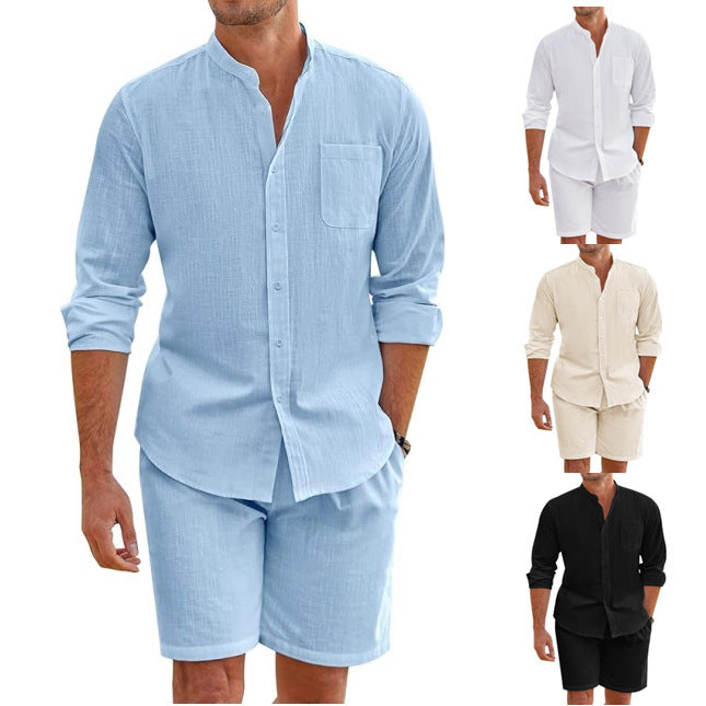 Men's two-piece casual lounge set featuring a long-sleeve button-front shirt and matching shorts, shown in three colorways: light blue, off-white, and black. The main model wears the light blue set, with smaller inset images on the right showing the other two color options against a plain white background.