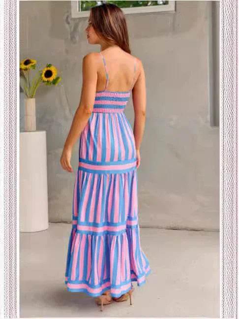 Women's Summer Striped Suspender Backless Dress with Pockets - ZA-Zola
