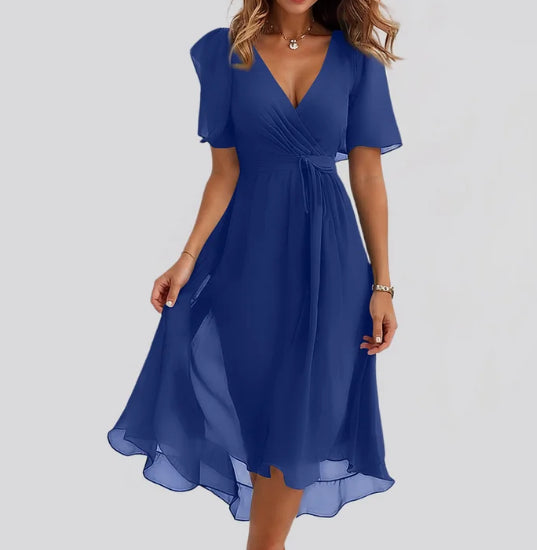 Chiffon Printed Short Sleeve V-Neck Summer Dress Elegant Women’s Midi Dress