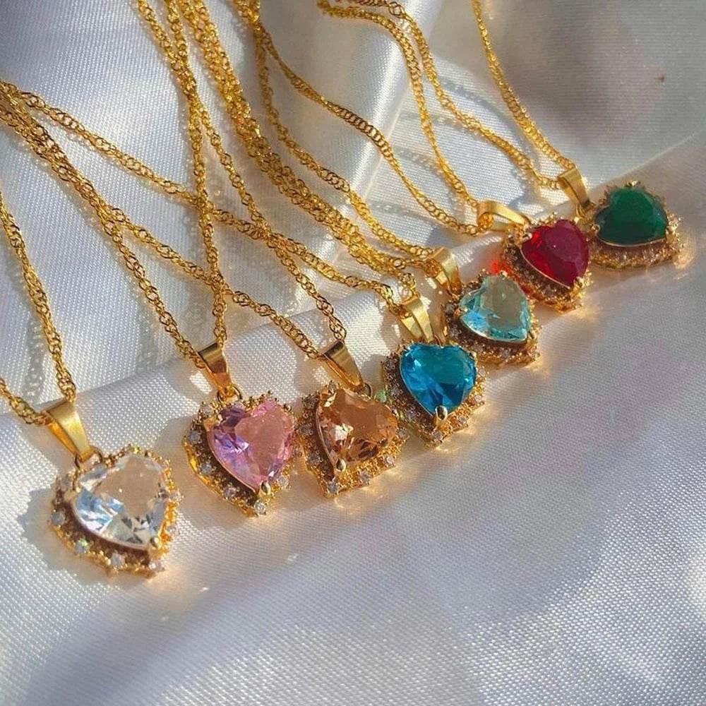 Colorful Rhinestone Heart Necklace - Love Gold Chain | Buy Now! - ZA-Zola