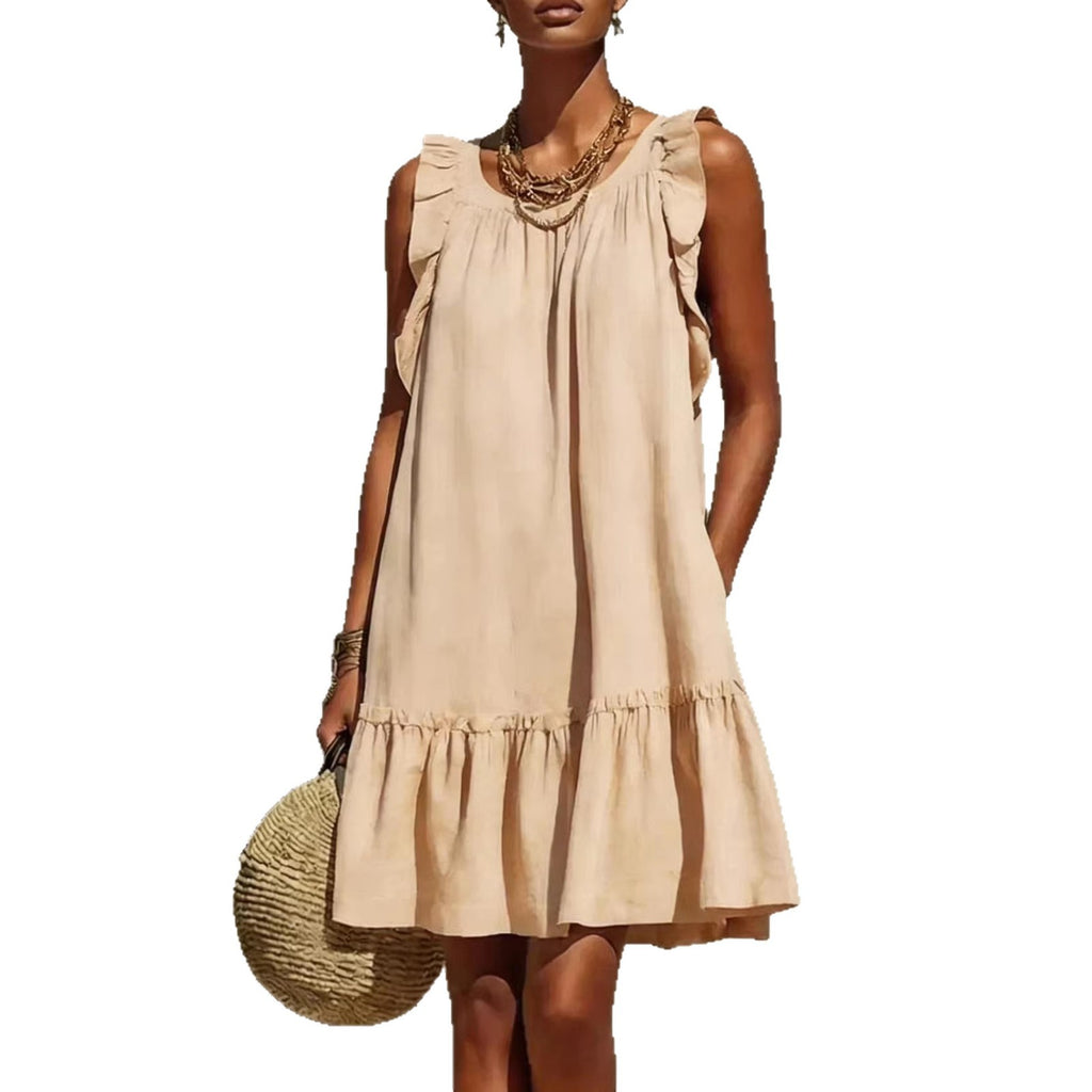 Casual Loose Round Neck Sleeveless Ruffle Trim Dress – Stylish A-Line Women's Fashion