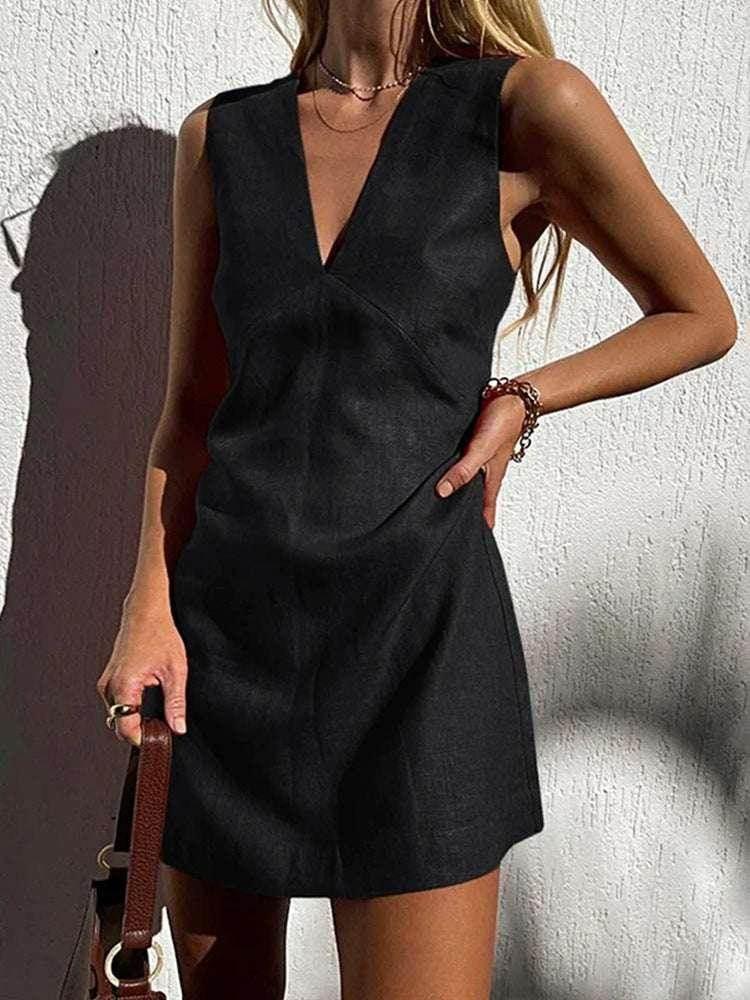 Women's V-Neck Cotton Linen Sleeveless Dress | ZA-Zola - ZA-Zola