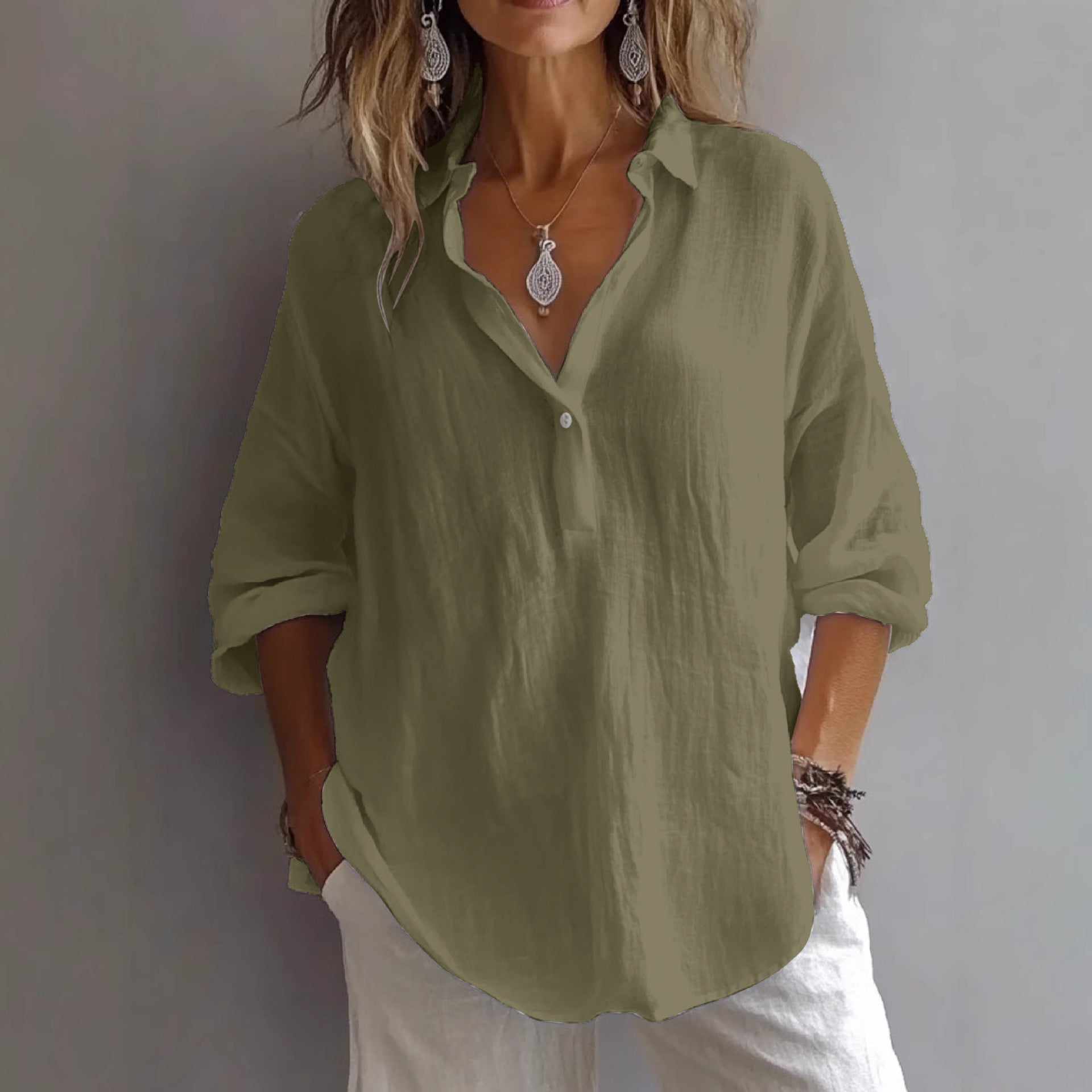 Fashion Loose Lapel Pullover 3/4 Sleeve Casual Shirt
