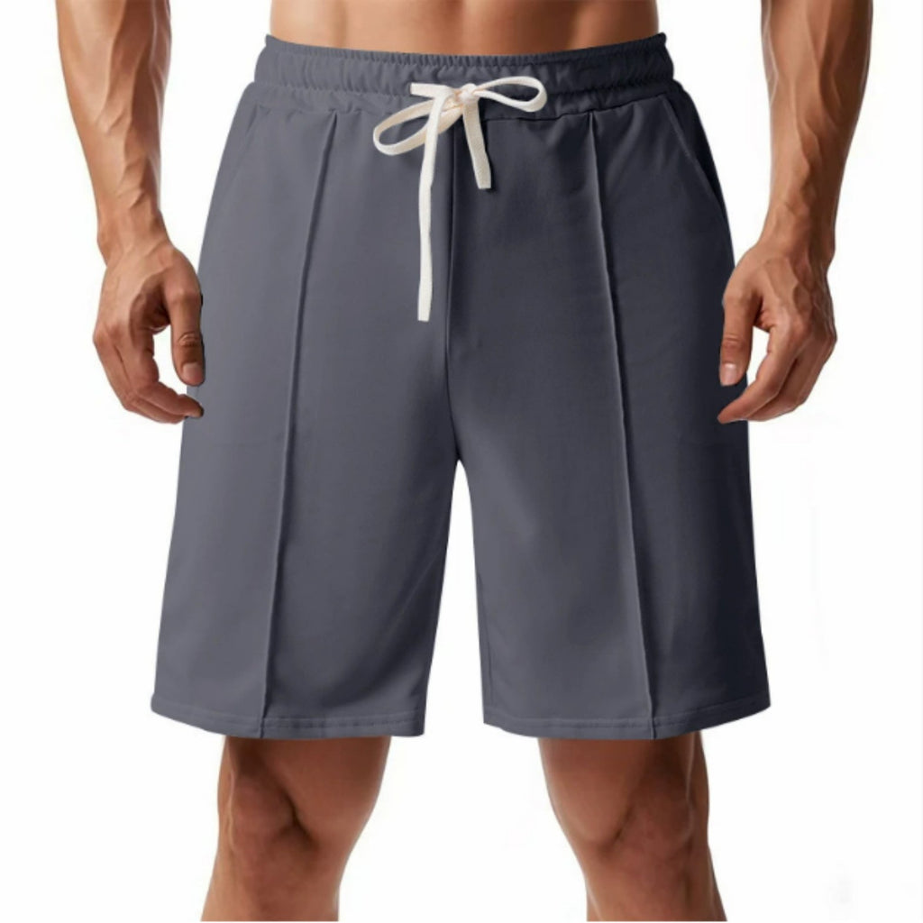 Gray shorts with a white drawstring on a white background