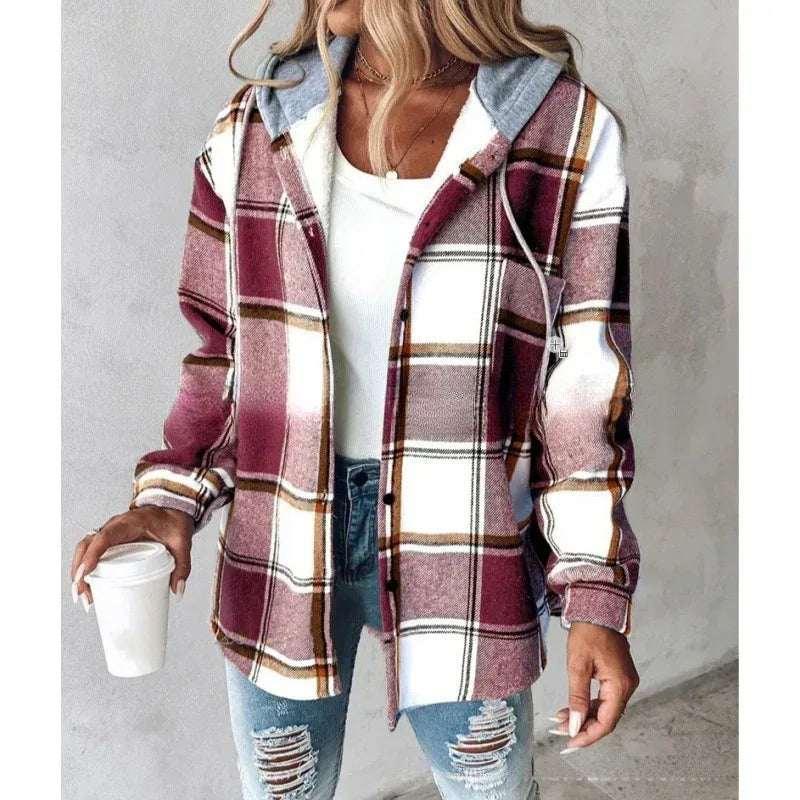 Plaid Hooded Jacket Women Button Pocket Coat - ZA-Zola