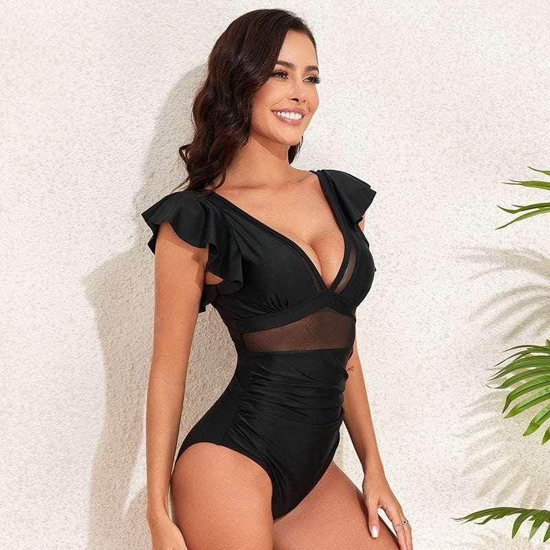 Black Ruffled Sleeve V-Neck Swimsuit | ZA-Zola - ZA-Zola