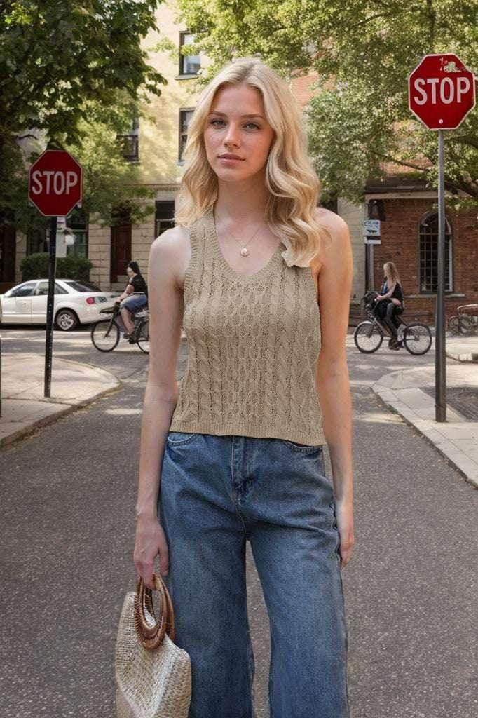 Knitted V-Neck Tank Vest – Casual Solid Top - ZA-Zola