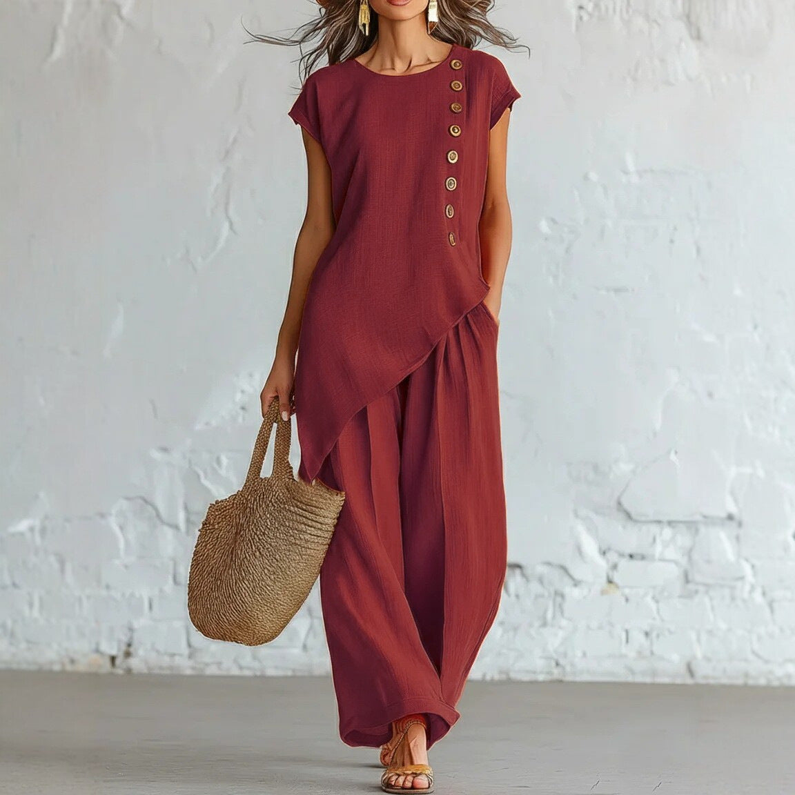 Woman wearing a burgundy outfit with wide-leg pants and a straw bag against a white brick wall.