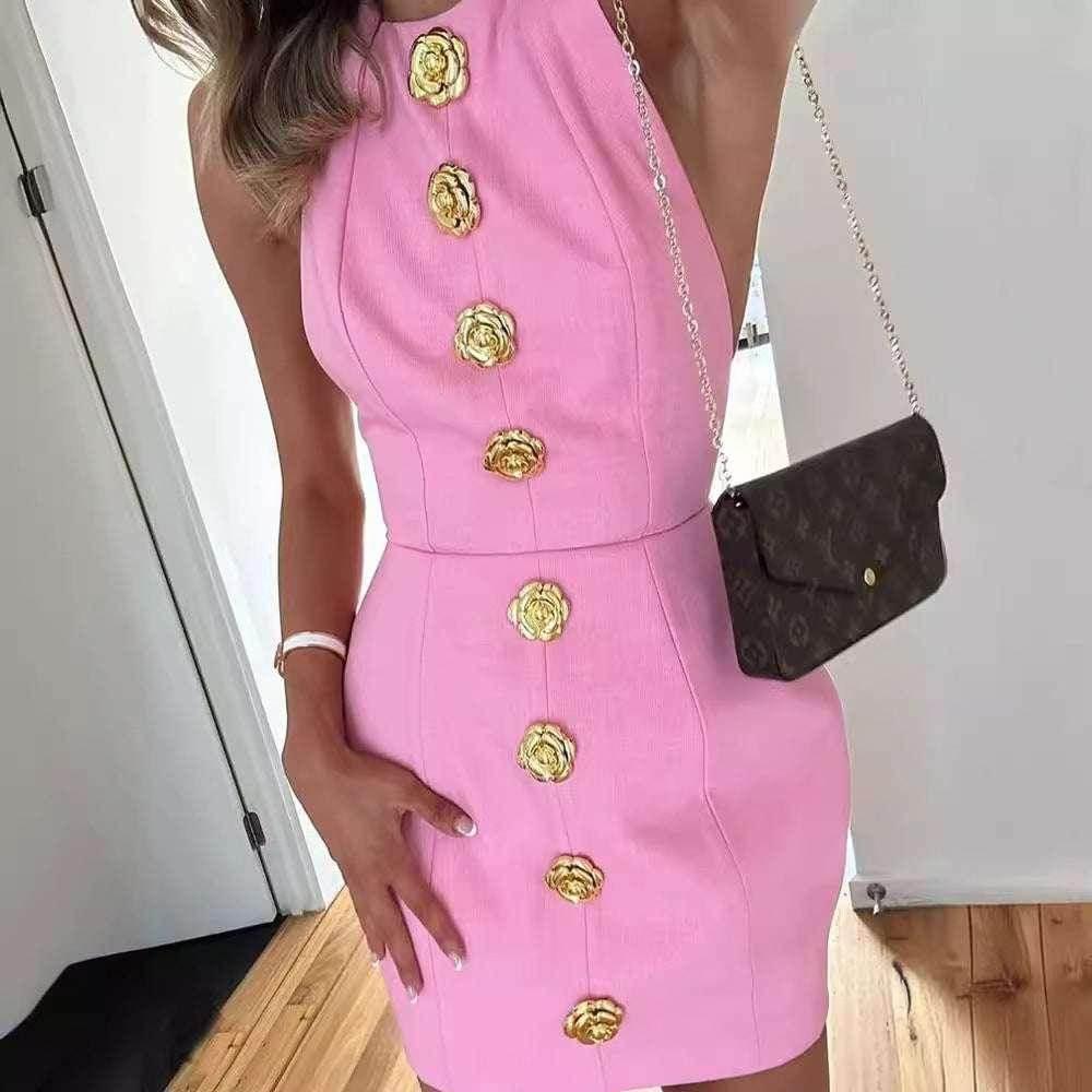 Sweet Sleeveless Backless Dress with Rose Button Design - ZA-Zola
