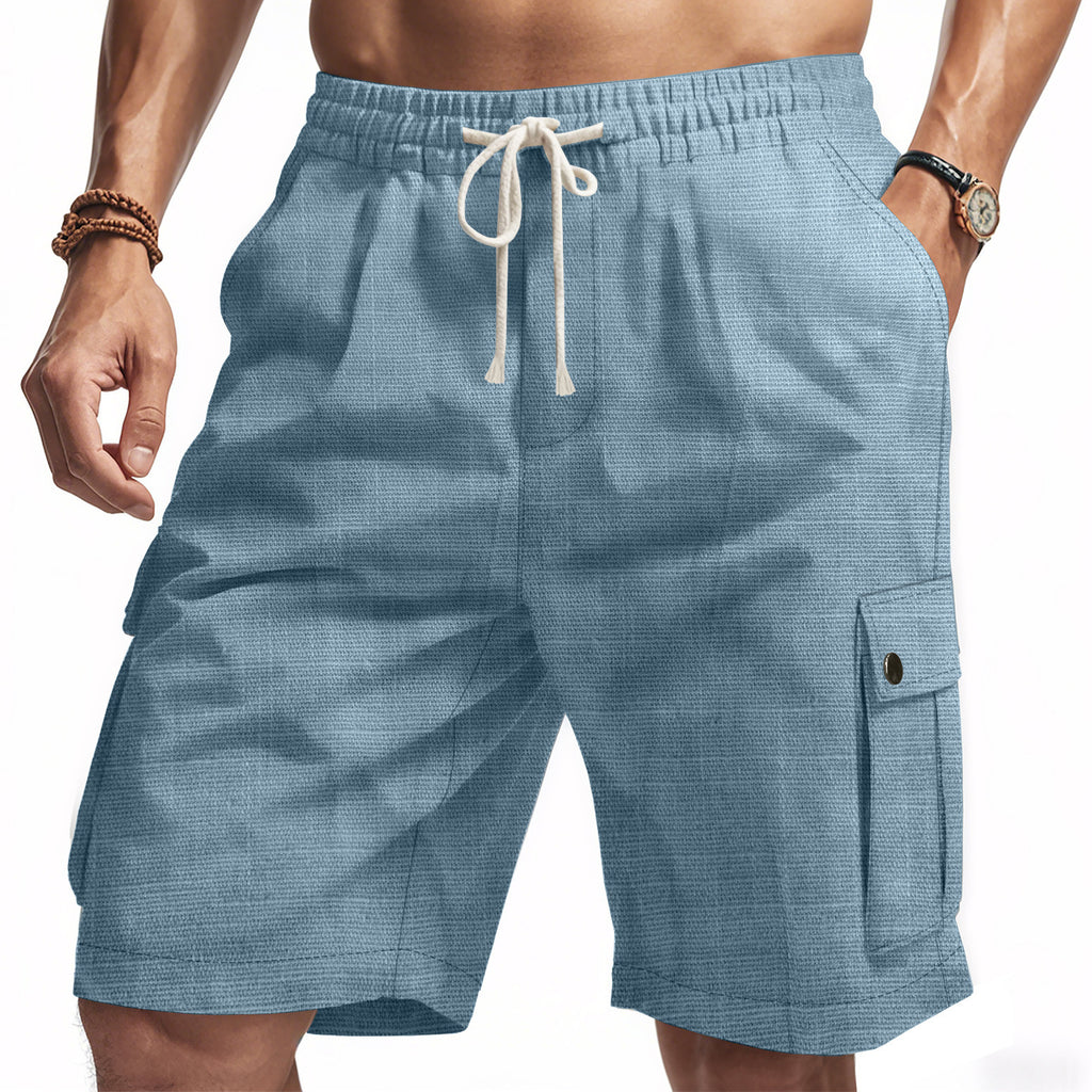 Blue shorts with a drawstring on a white background