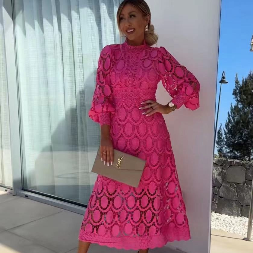 Women’s Fashion Long Patchwork Dress Elegant Solid Color Maxi Dress