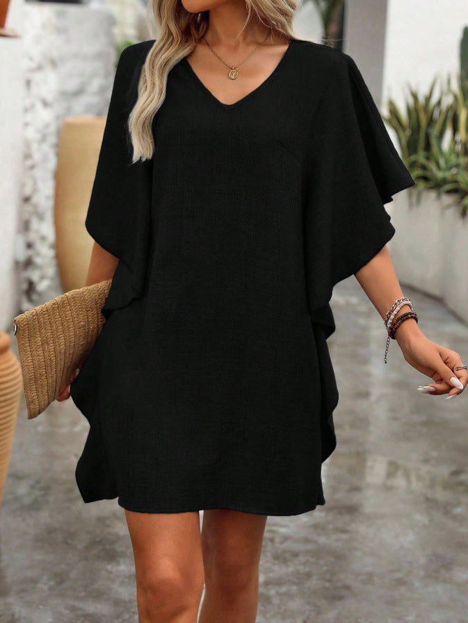 Solid Color Loose Fitting V-Neck Dress with Ruffled Hem – Flowing Mini Pullover Dress
