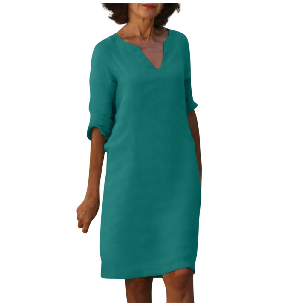 Cotton Linen V-Neck High Waist Retro Summer Dress – A-Line Solid Colour Mid-Length