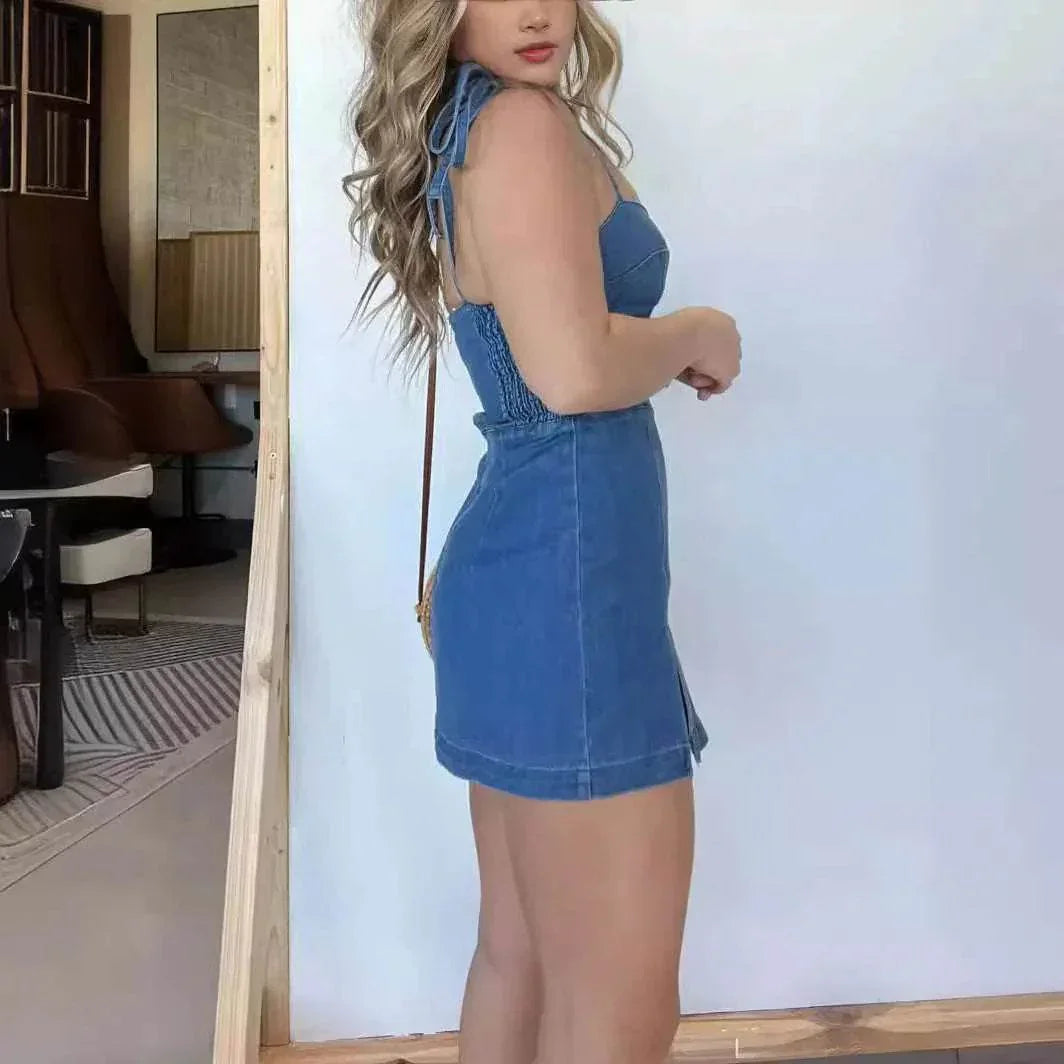 Square Neck Suspender Split Denim Dress - Slim Sling - ZA-Zola