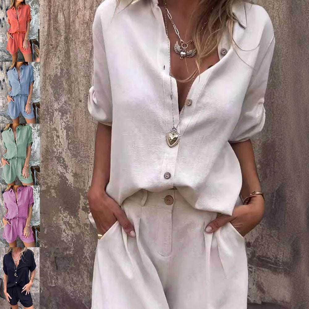 ZA-Zola women's casual linen shirt and shorts set in multiple colors, trendy UK fashion