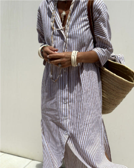 Striped Shirt Dress with Belt Half Sleeve Lapel Button Cardigan Dress Women's Fashion Clothing