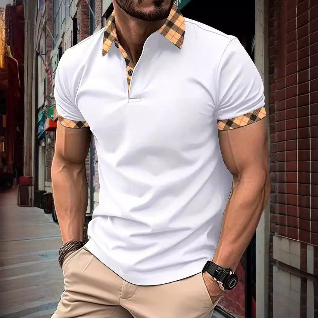 Man wearing a white polo shirt with plaid accents in an urban setting