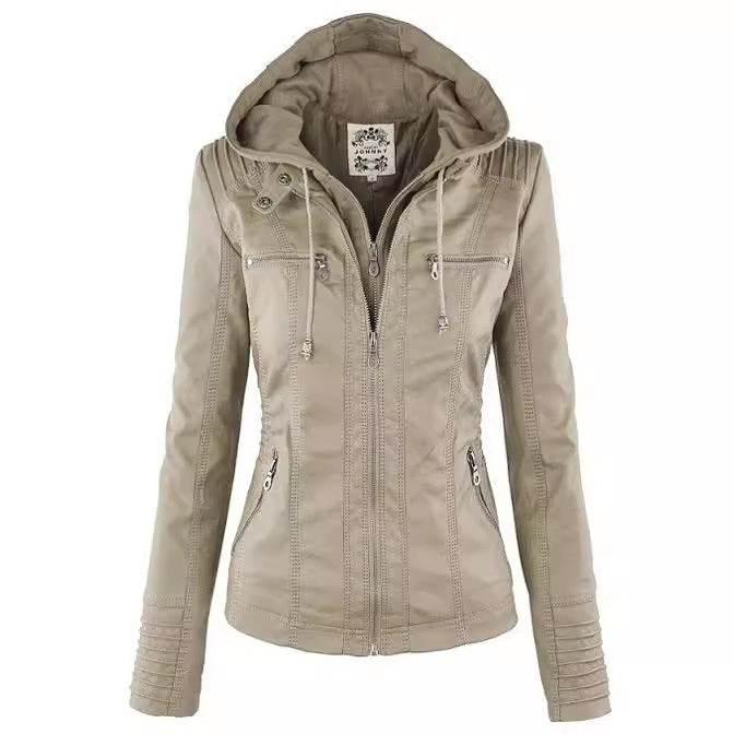 Women’s Zipper Leather Jacket with Detachable Lapel Coat - ZA-Zola