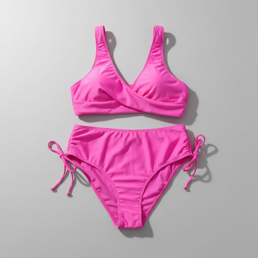 Pink bikini set on a cardboard surface