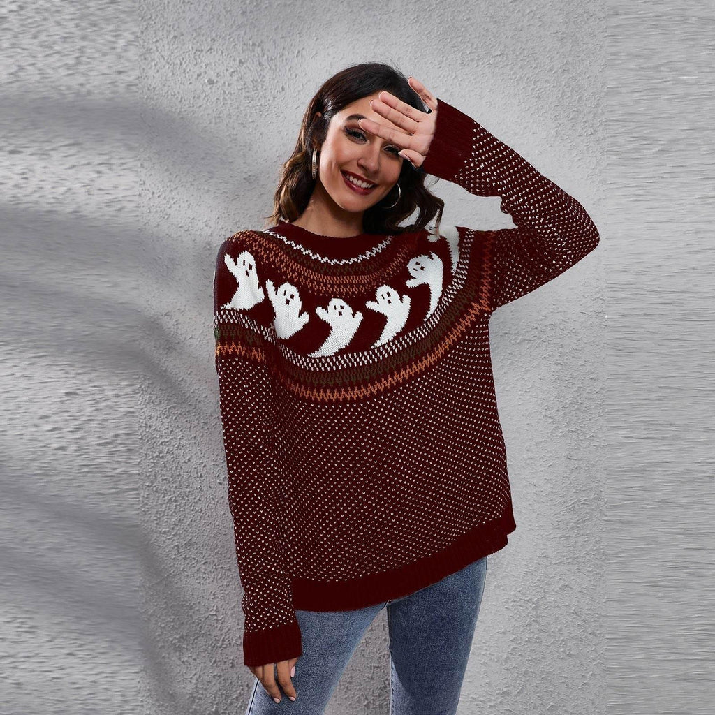 ZA-Zola Halloween Ghost Polka Dot Pullover Sweater - ZA-Zola