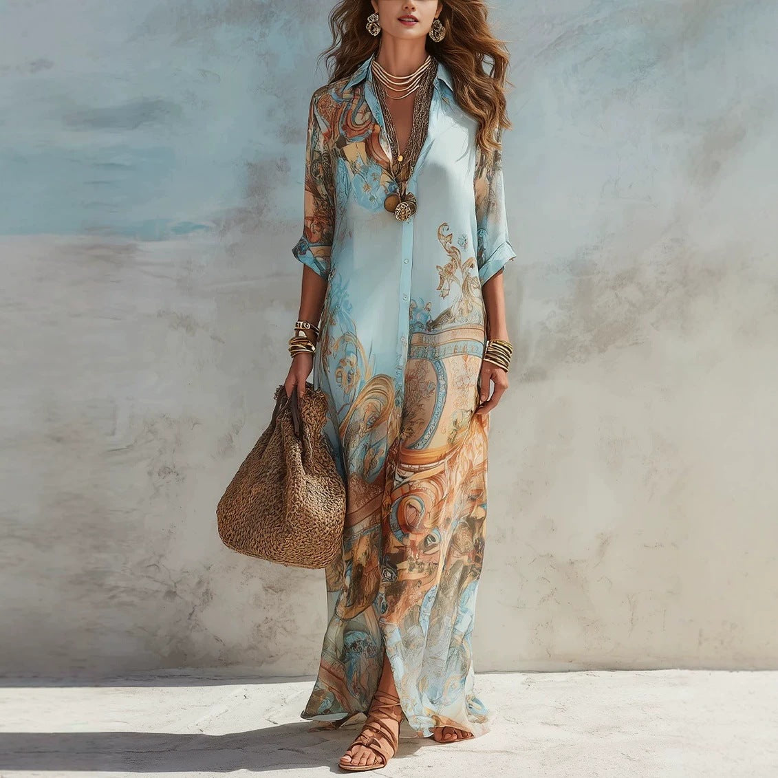 Woman wearing a long, patterned dress holding a woven bag against a neutral background