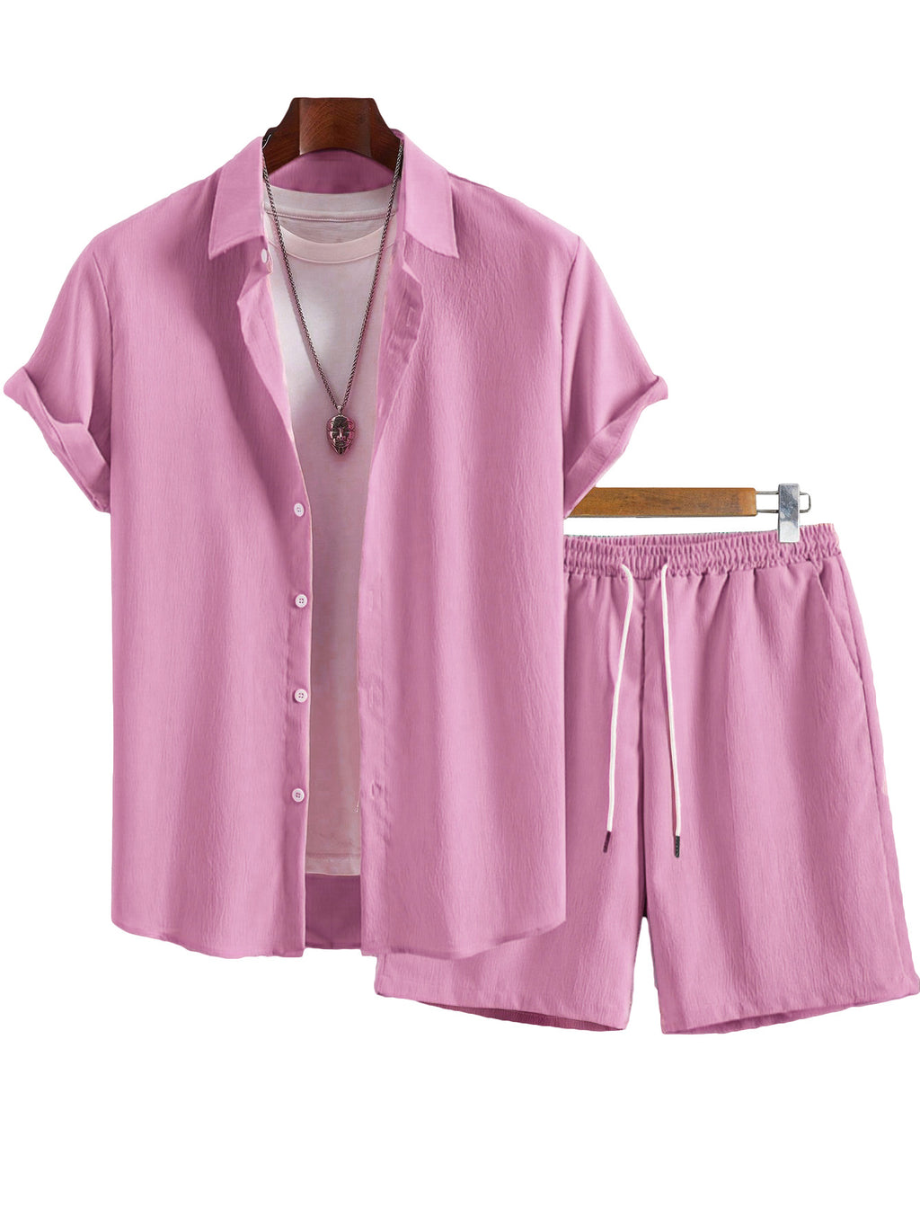 Pink shirt and shorts set on a white background