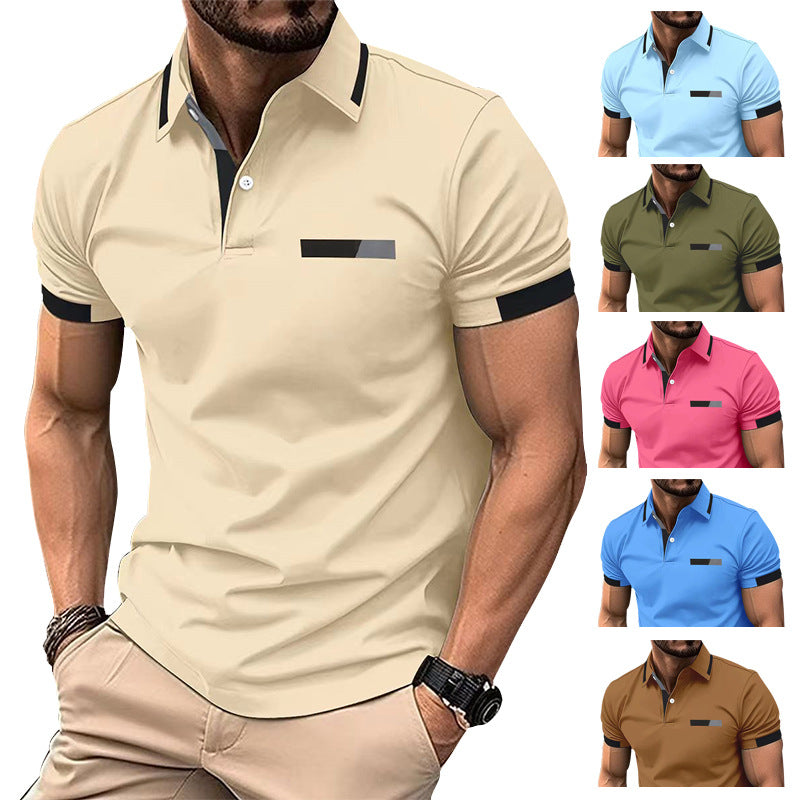 Man wearing a beige polo shirt with color options displayed below.