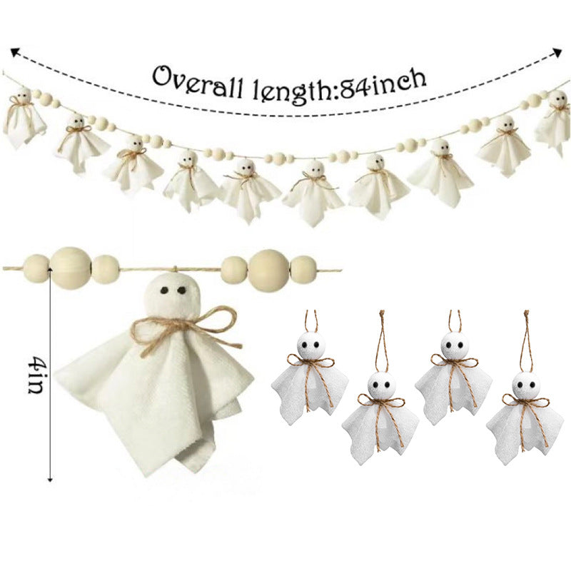 Halloween ghost garland set with fabric ghosts, wooden beads, and hanging ornaments, shown with dimension labels indicating overall length of 84 inches and 4 inches for a ghost figure.