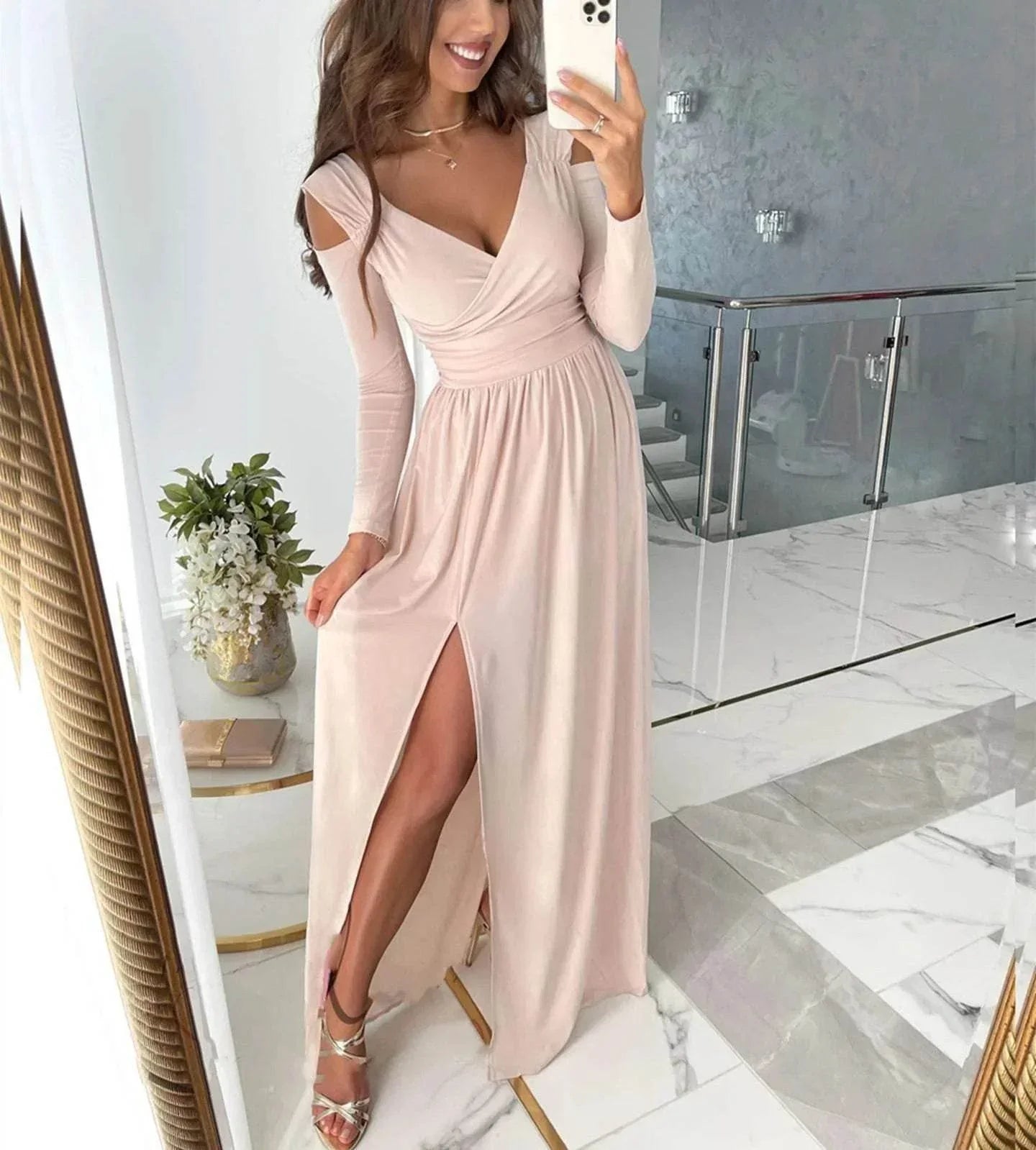 V-Neck Long Sleeve Slit Dress – Elegant & Modern - ZA-Zola