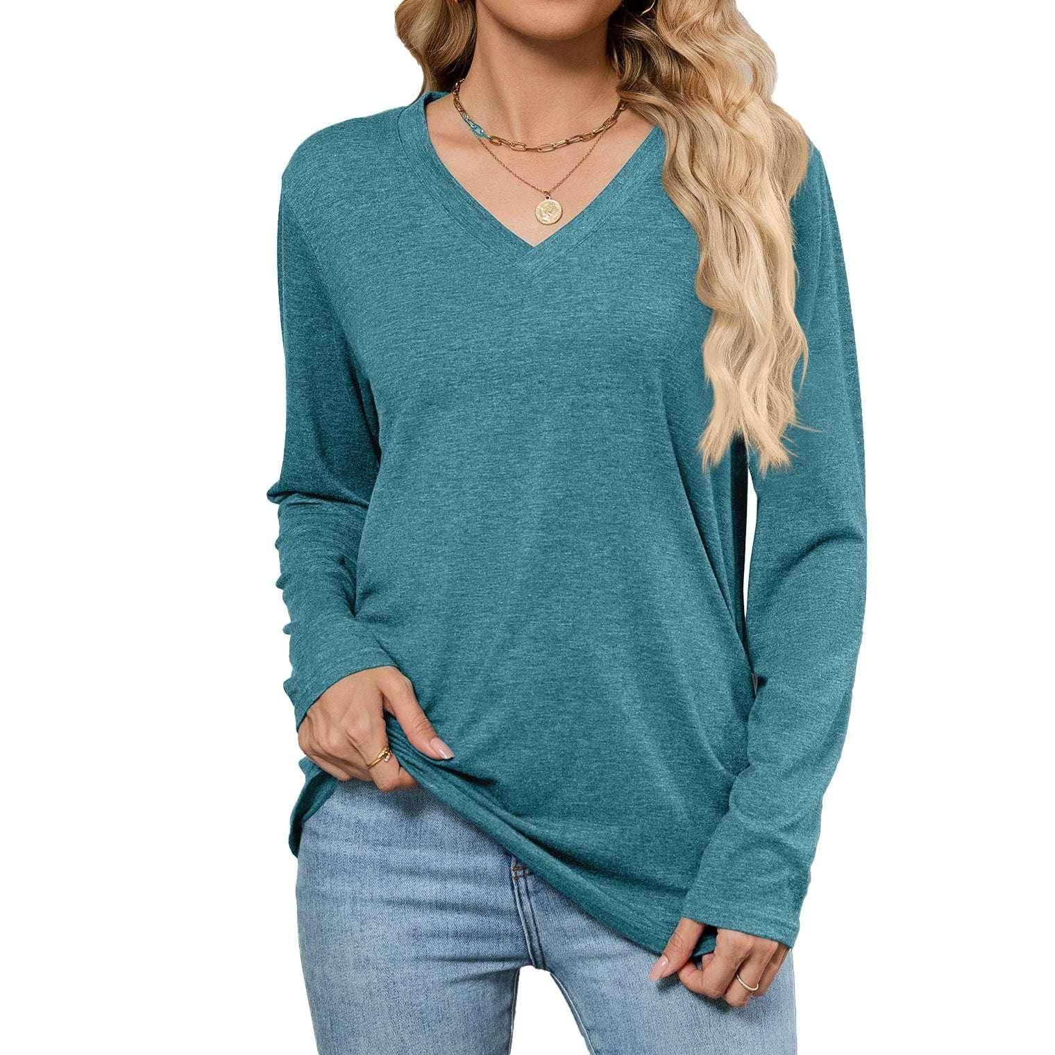 Loose V-Neck Pullover Long Sleeve T-Shirt - ZA-Zola