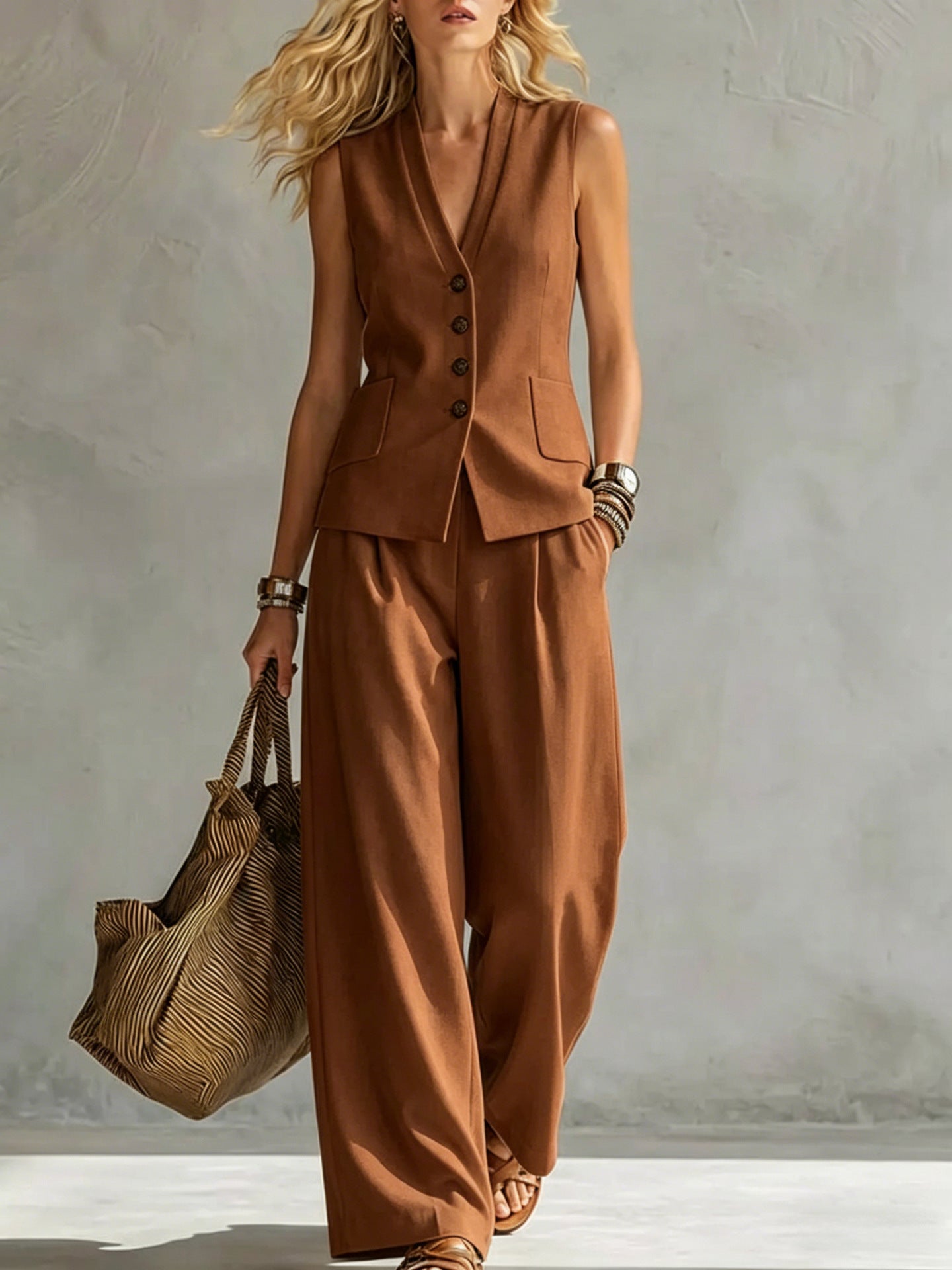 V Neck Sleeveless Linen Pants Set | Summer