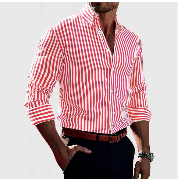 Red and white striped shirt worn by a person on a plain background