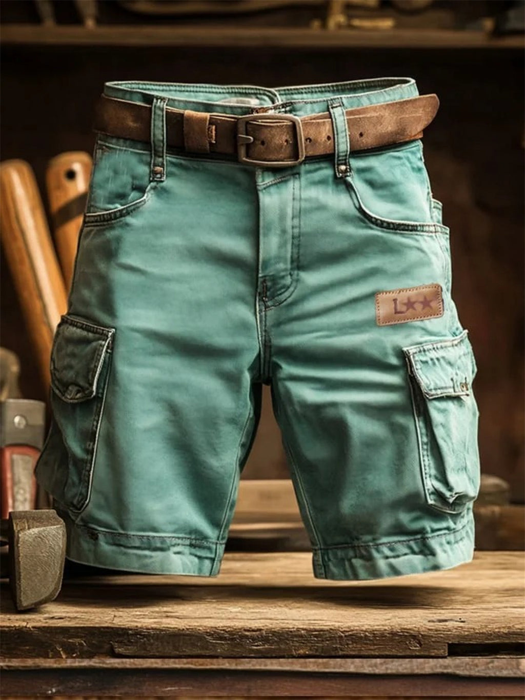 Green cargo shorts with a brown belt on a wooden surface.