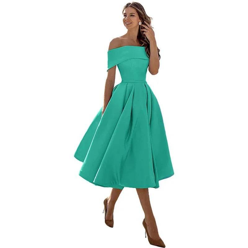 Off-Shoulder Satin Tea-Length Party Dress - ZA-Zola