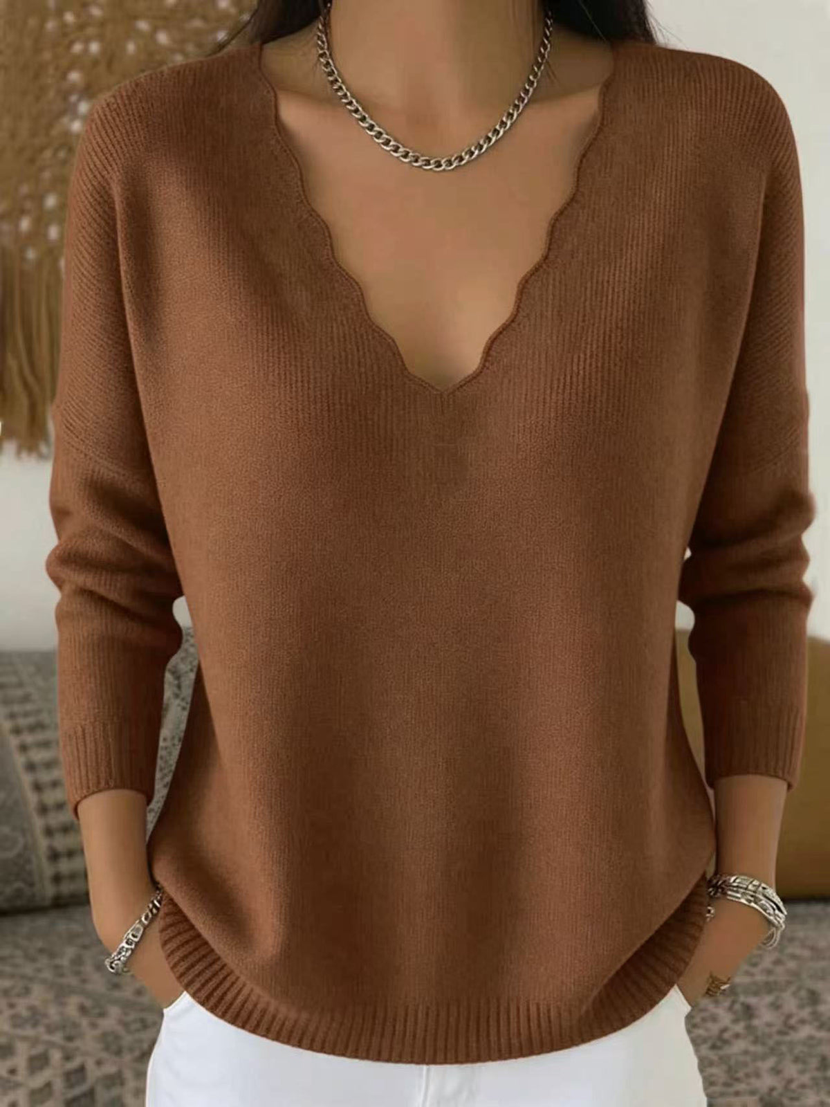 Women’s V Neck Knit Sweater | Loose Knit Pullover