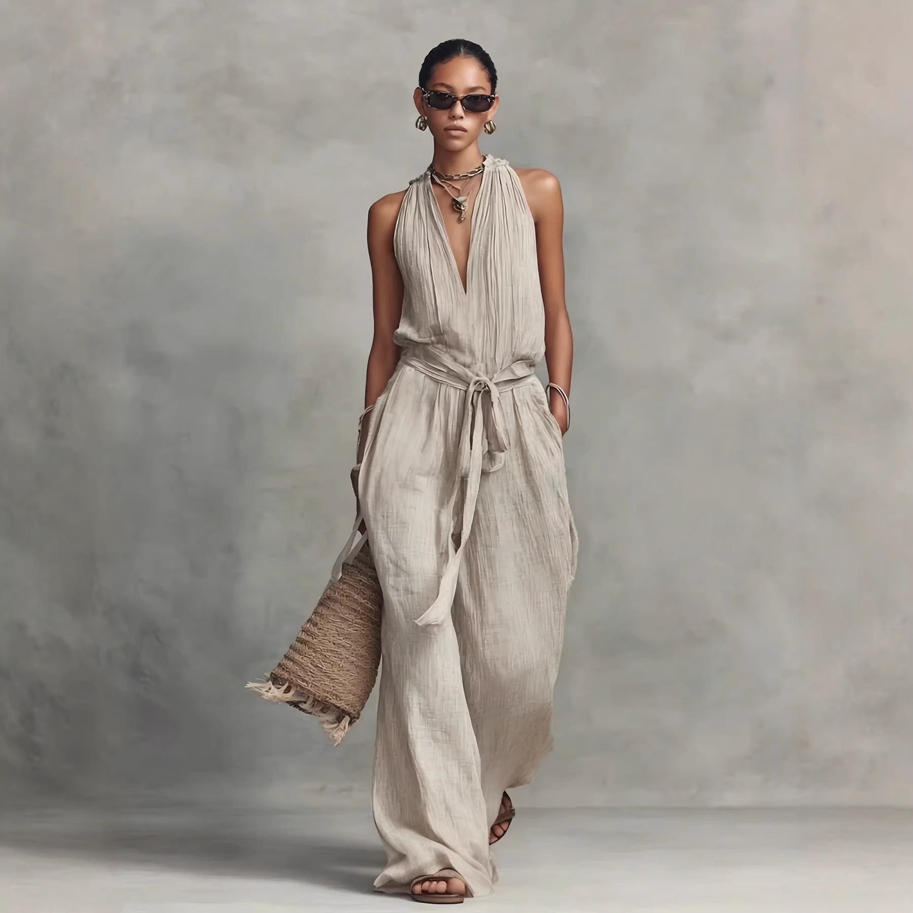 Woman wearing a flowing beige dress against a neutral background