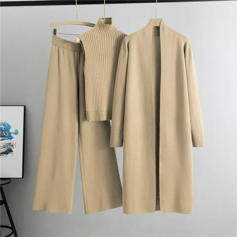 Women Knitted Three Piece Set – Stylish Vest, Cardigan & Pants Outfit - ZA-Zola