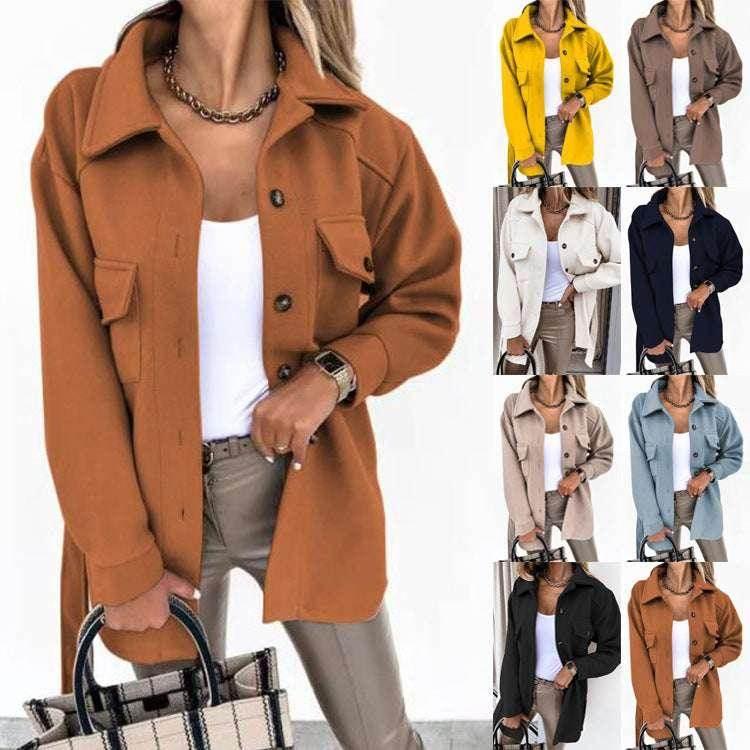 Long-Sleeved Temperament Solid Color Lapel Woolen Coat - ZA-Zola