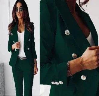 Woman wearing a stylish dark green blazer suit with silver buttons from ZA-Zola UK fashion