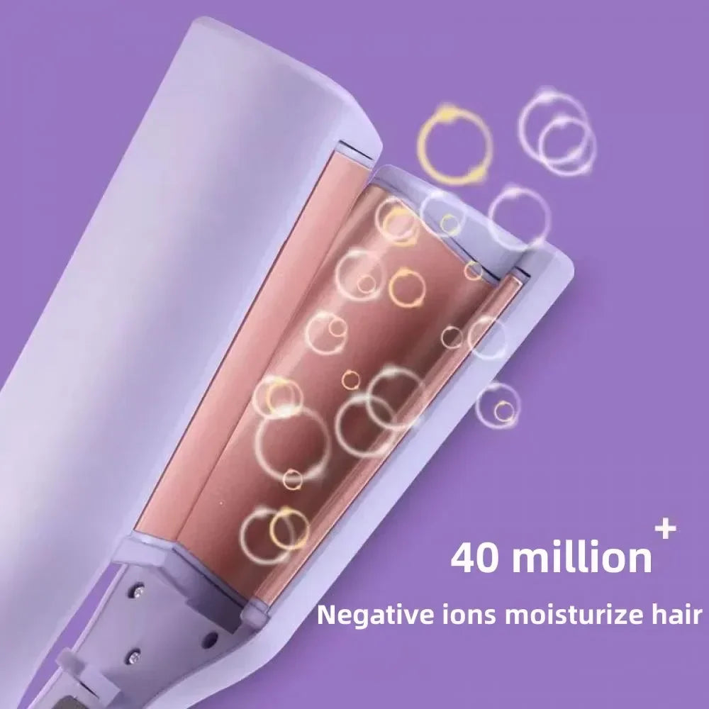 Purple and rose gold hair straightener releasing negative ions for hair moisturizing, on purple background.