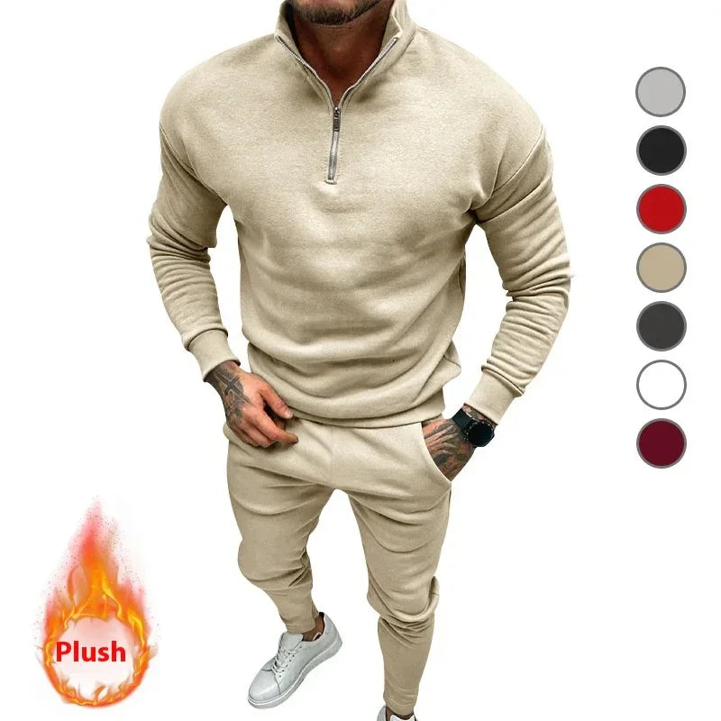 Men’s Casual Fleece Suit – Solid Color Top & Trousers - ZA-Zola