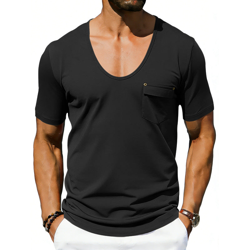 Man wearing a black V-neck t-shirt with a pocket on a white background