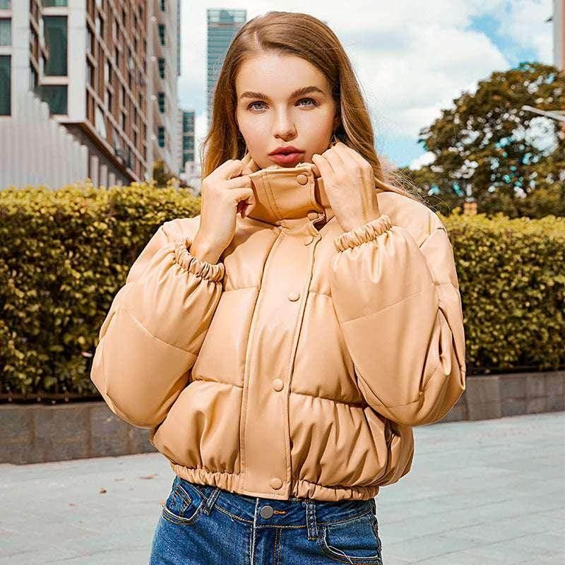 New Bread Winter Coat – Stand Collar Leather Jacket for Women - ZA-Zola