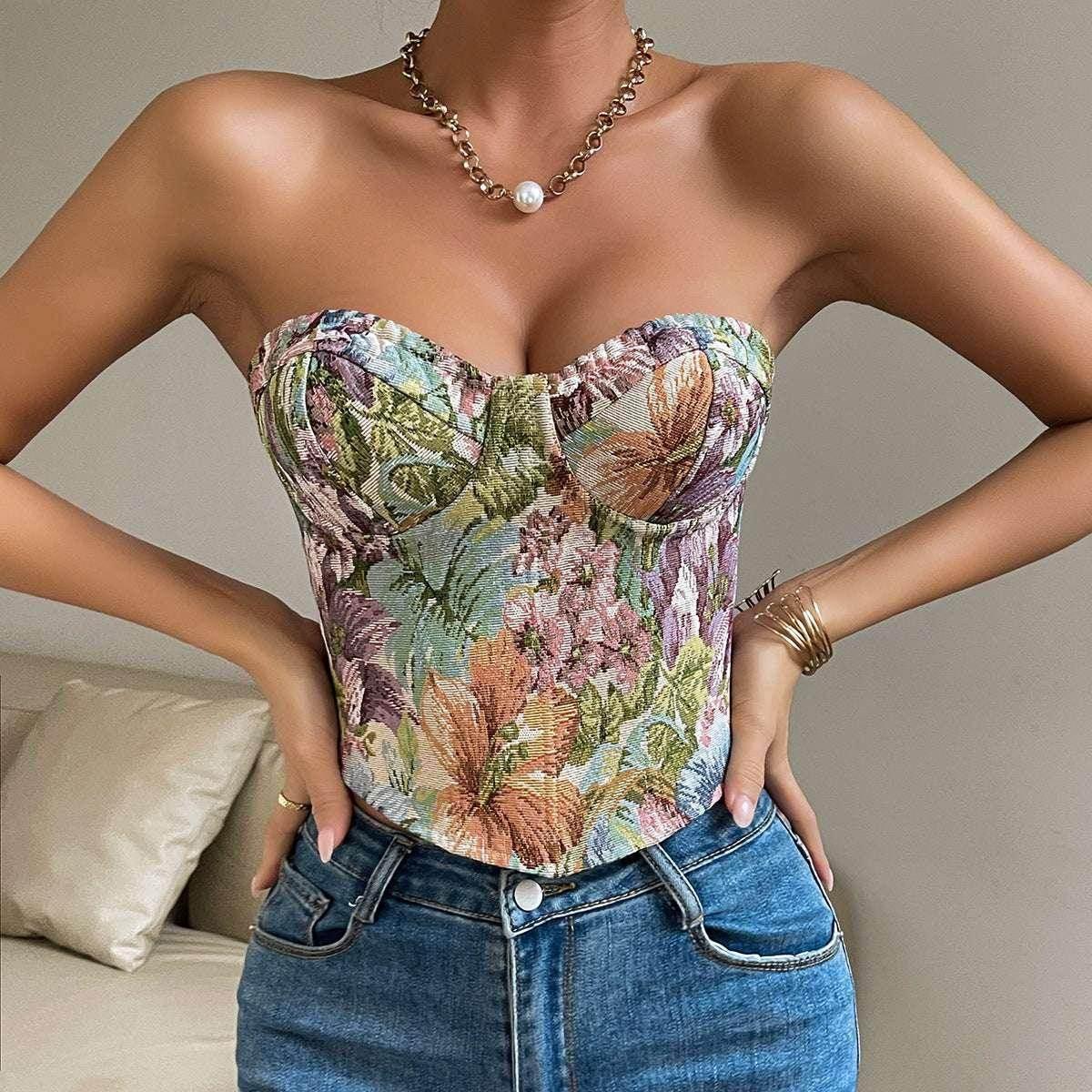 Y2K Floral Tube Top with Lace & Corset Back - ZA-Zola