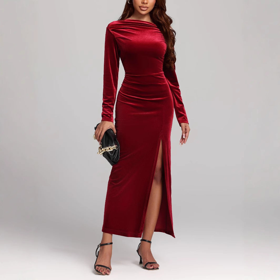 Women’s Formal Dress | Red Velvet Slit Long Sleeve Maxi Dress