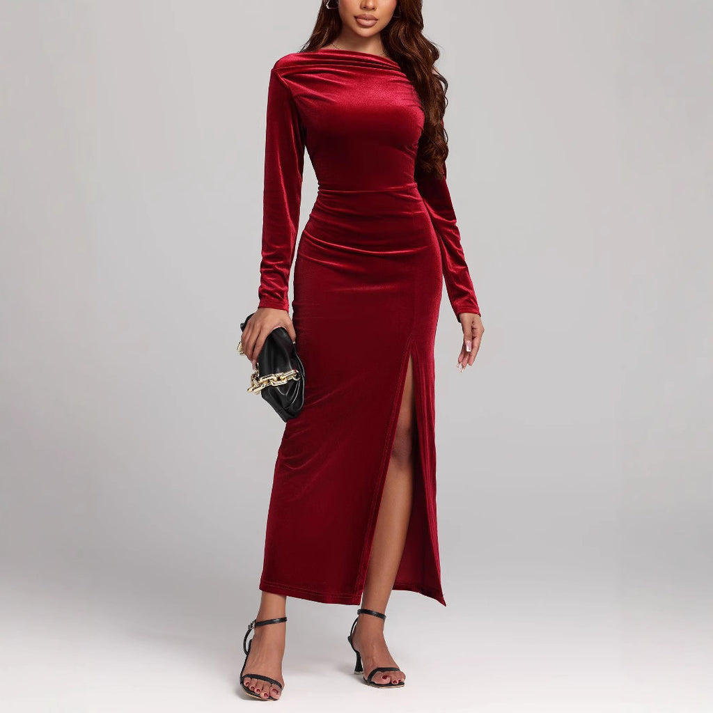 Women’s Formal Dress | Red Velvet Slit Long Sleeve Maxi Dress