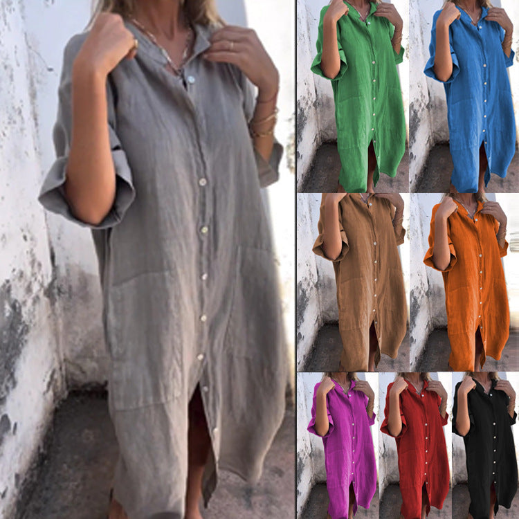 Collage of a long, button-up shirt in various colors worn by a person.