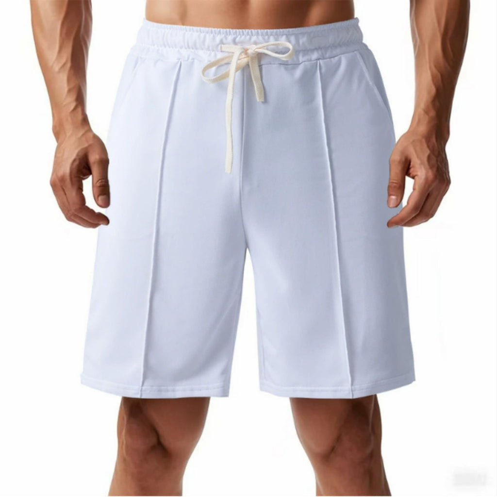 Light blue shorts with a drawstring on a white background