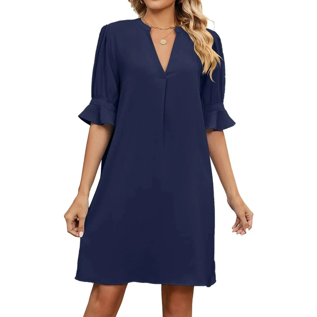 V-Neck Pleated Ice Silk Summer Dress for Women - ZA-Zola